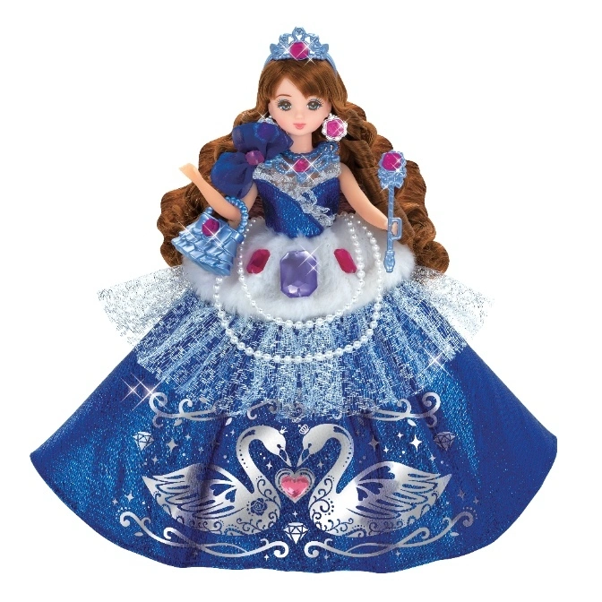 Princess doll in blue gown with swan design, crown, purse, and wand.