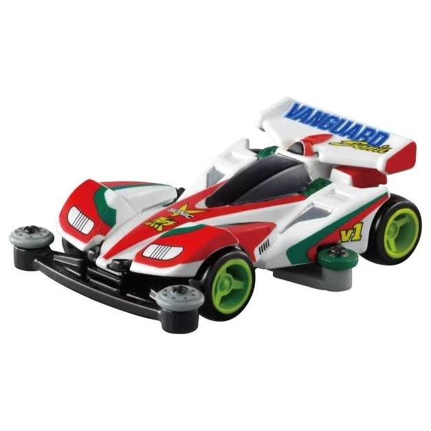 White, red, and green Vanguard Sonic V1 Mini 4WD racing car with lime green wheels.