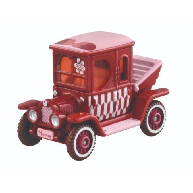 Red and pink Minnie Mouse toy car with flower detail and white patterned sides.