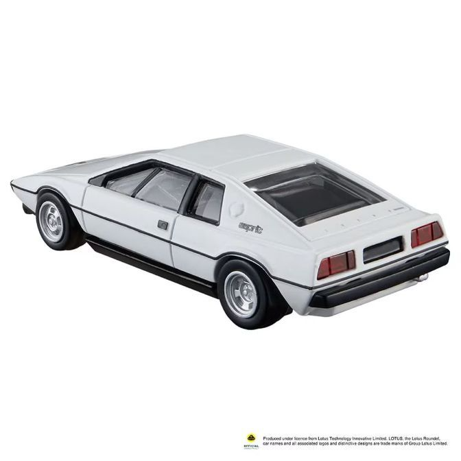  White Lotus Esprit toy car, side view. Sleek design with black trim.