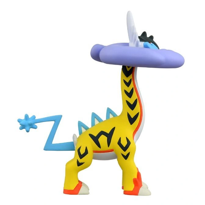  Girafarig Pokémon toy figure with yellow and black stripes, blue tail and purple cloud.