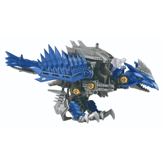  Blue and grey robotic dragon toy with sharp claws and spiky wings.