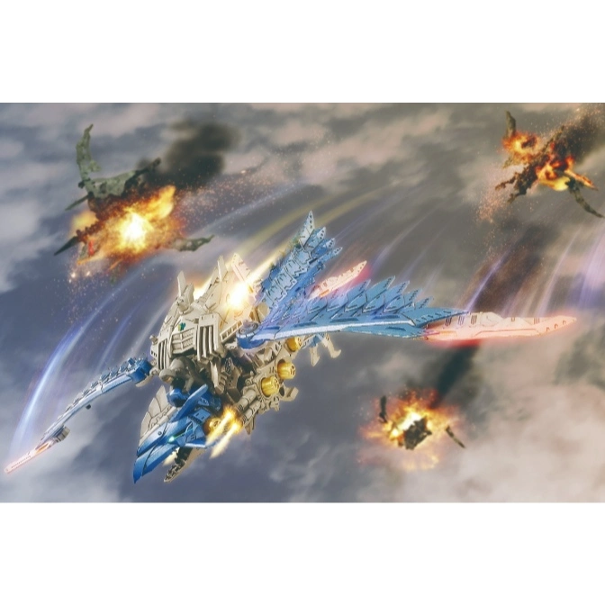  Blue and white mechanical bird toy with explosions in the background.