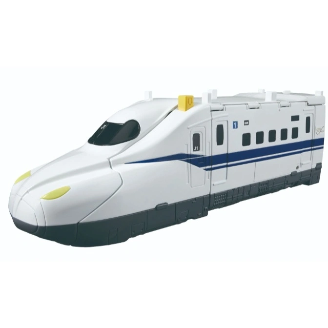  White toy bullet train with blue stripe and yellow accents.
