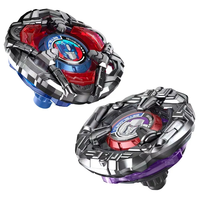  Two Transformers Beyblades, one blue and red, the other purple and red.