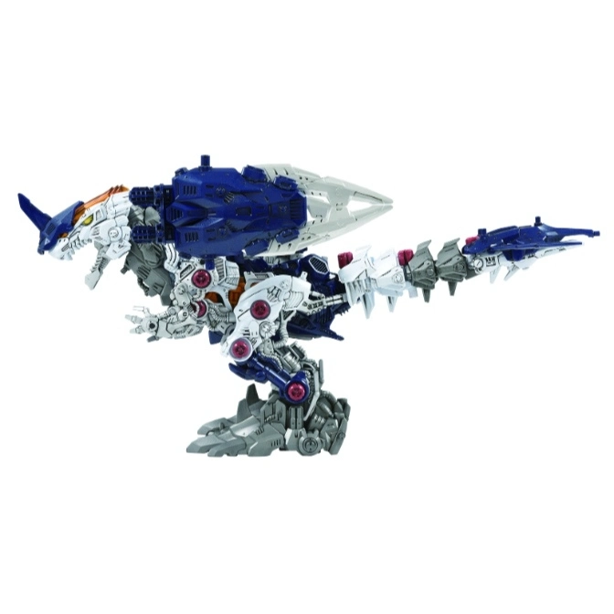  Blue and white dinosaur robot toy with intricate mechanical details and a long, segmented tail.
