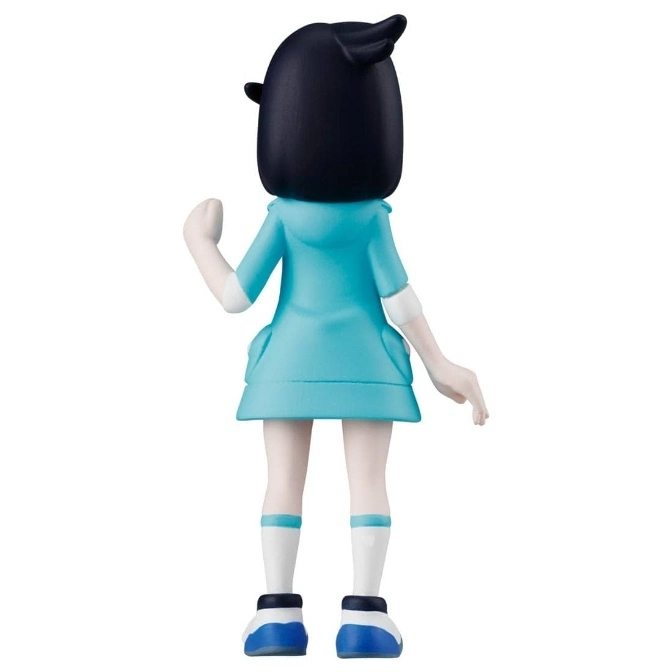  Back view of a cartoon girl figurine with a blue dress and black hair.