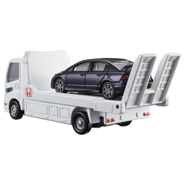  Toy car carrier truck with a dark blue Honda Civic on the ramp.
