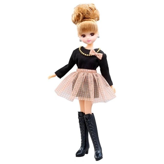  Doll with blonde hair in a bun, black top, pink skirt, and black boots.