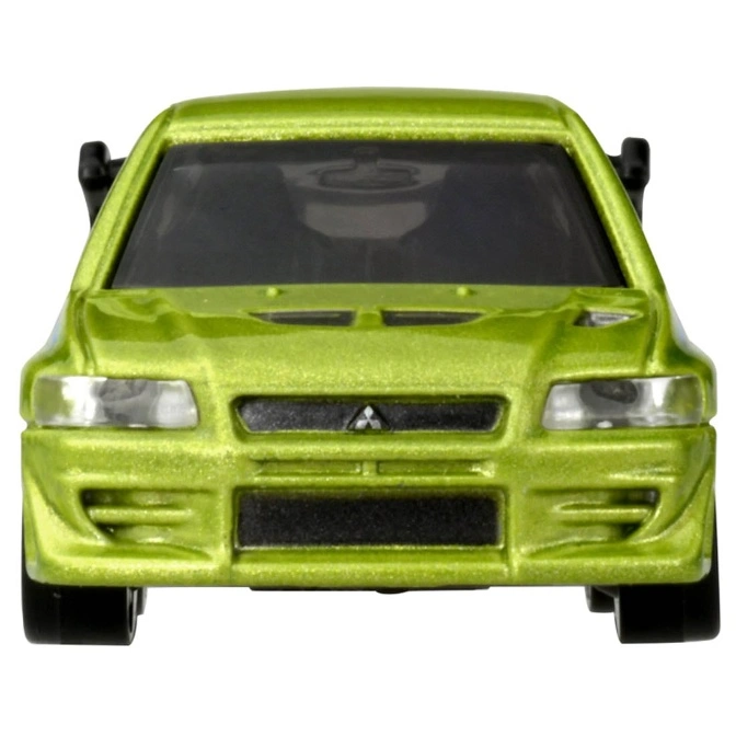  Lime green toy Mitsubishi Lancer Evolution with black wheels and tinted windows.