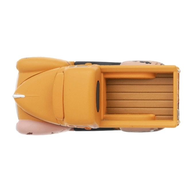  Top-down view of a yellow toy pickup truck with a wooden bed.