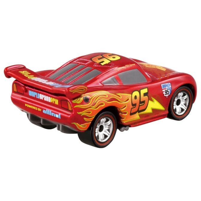  Red toy car with the number 95 and flame decals, resembling Lightning McQueen from Cars.