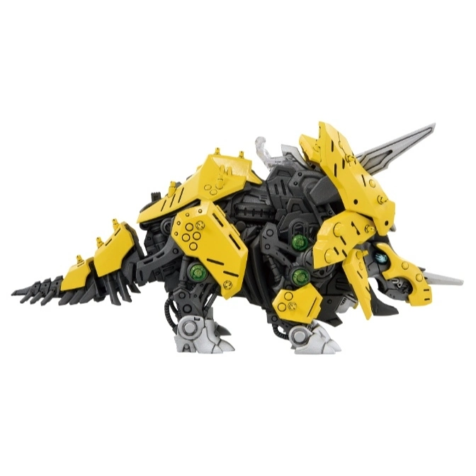  Yellow and gray robotic triceratops toy with visible gears and mechanical details.