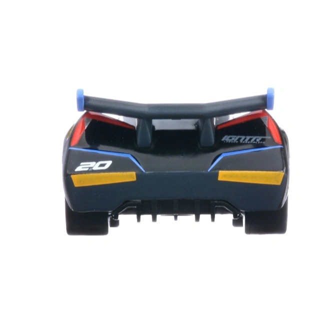  Back view of a black toy race car with blue accents, a spoiler, and the number 20.