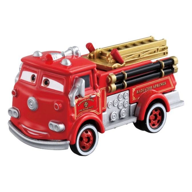 Red toy fire truck with eyes and a ladder, resembling a character from Cars.