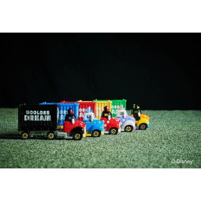 Disney 5-Colors Dream toy trucks in a row, each with a different colored container.