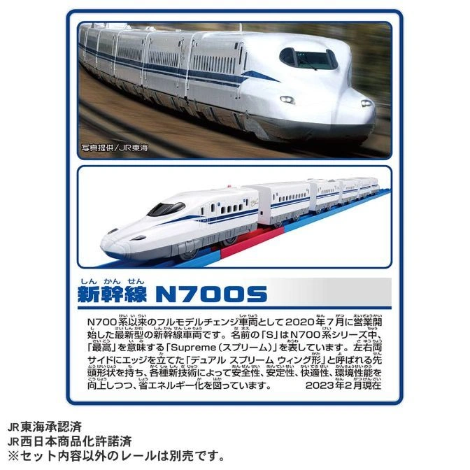  N700S Shinkansen toy train set. White with blue stripes, multiple cars on blue tracks.