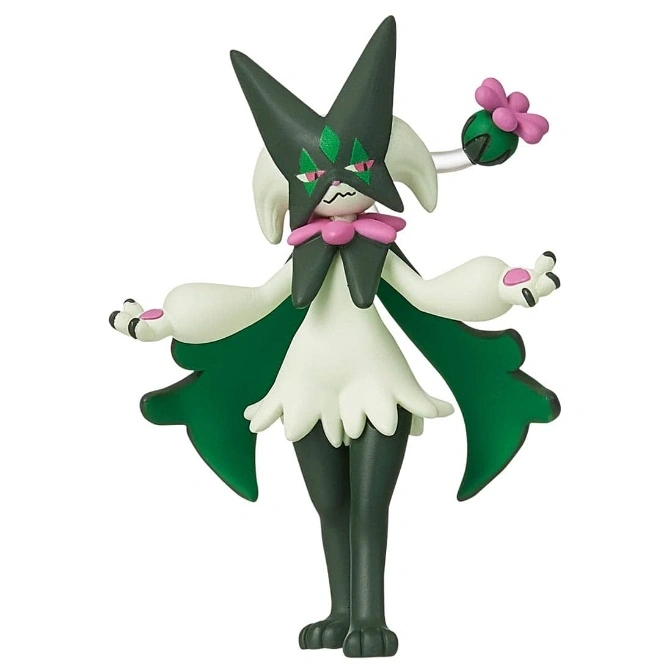  A Tapu Lele Pokémon figure with a green headpiece, pink flowers, and green cape.