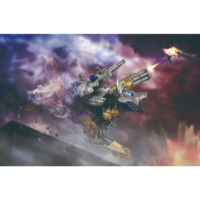  Wolf-like robot toy firing a large cannon in a battle scene with explosions and other aircraft.