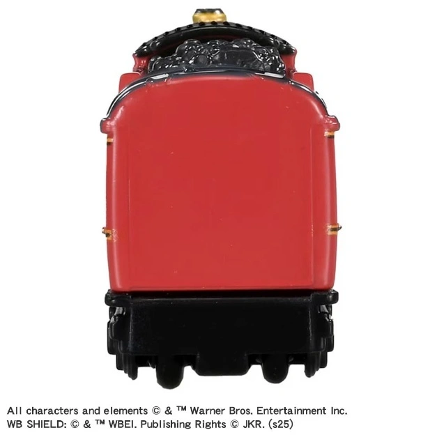  Red toy train engine with black base and top.