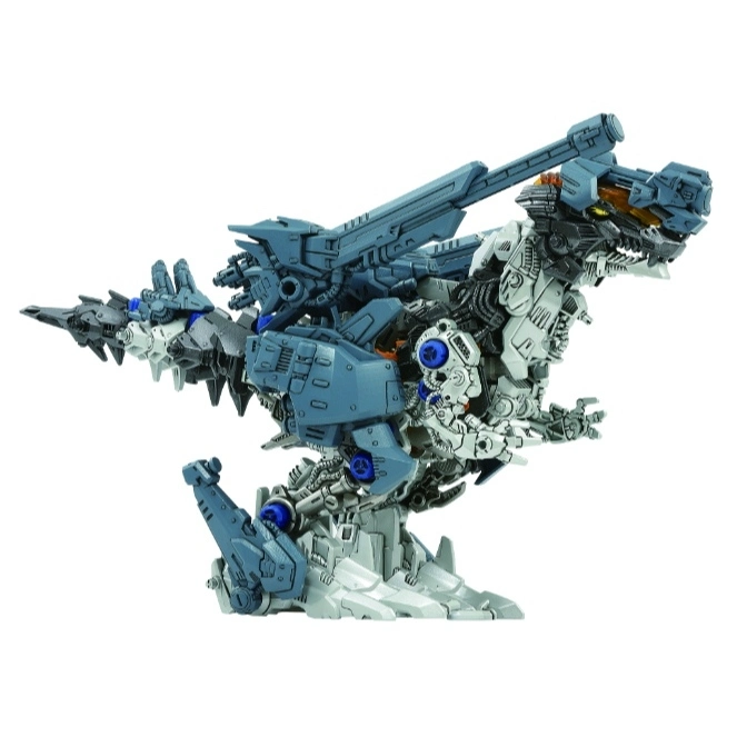 Grey Zoids toy dinosaur with large gun on back, standing on a white base.