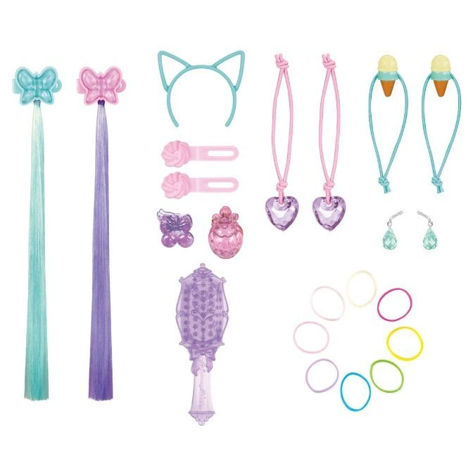 Hair accessories toy set: hair extensions, headbands, necklaces, earrings, hair clips, and hair ties.