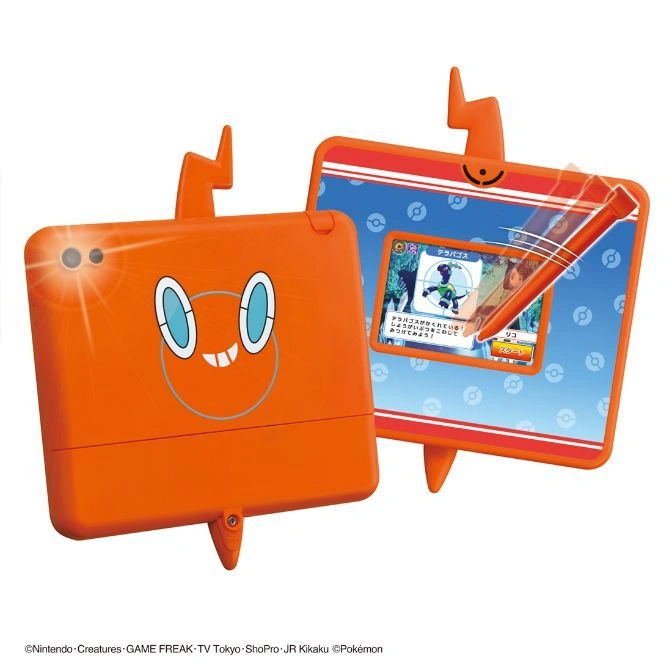 Orange Rotom Pokedex toy with stylus on screen showing a game.