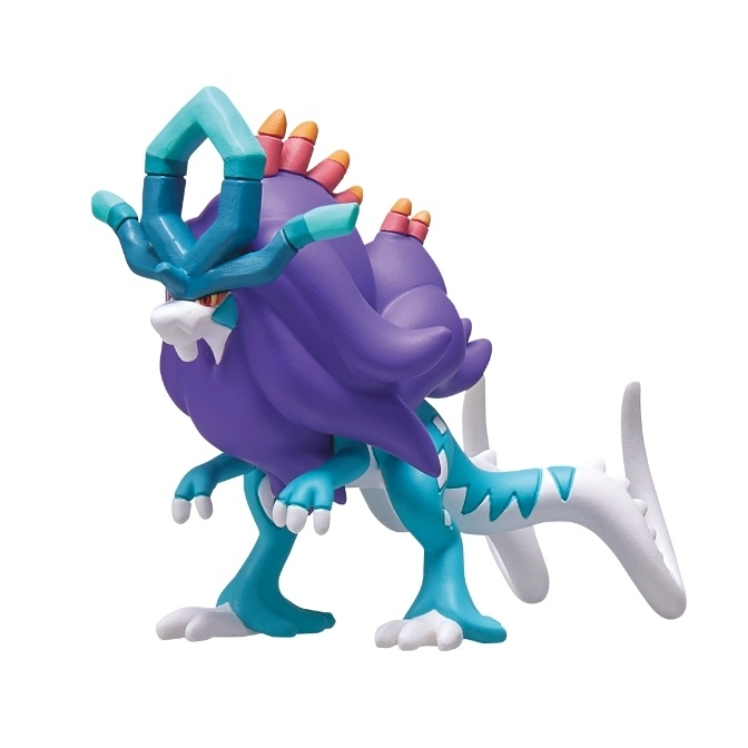 Suicune toy figure with purple mane, teal body, and white tail fins.