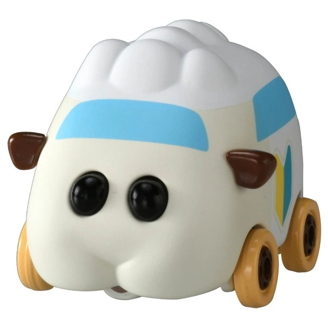 White guinea pig car toy with blue stripes and brown wheels.