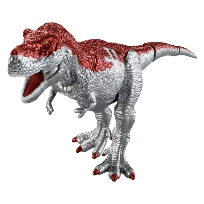 Red and silver T-Rex toy with open mouth and detailed texture.