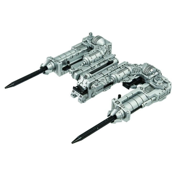  Two silver toy spaceships with long, black, pointed front cannons.