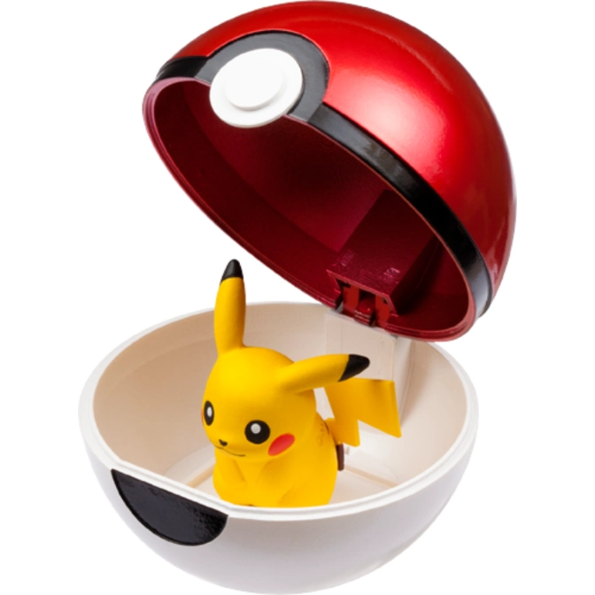  Pikachu toy inside an open Poké Ball. Red top, white bottom.