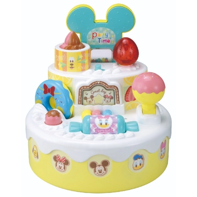  Disney-themed toy cake with Mickey ears, toppings, and character decorations.