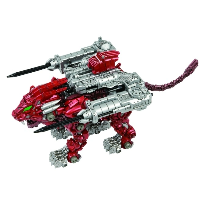  Red Zoid Liger toy with silver cannons on its back, standing on a white surface.