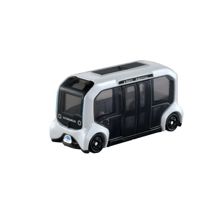 Silver toy autonomous shuttle with black accents and 'Autonomous' printed on the front and side.