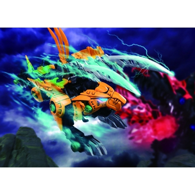  Orange Zoid toy with green accents and lightning effects, set against a stormy backdrop.