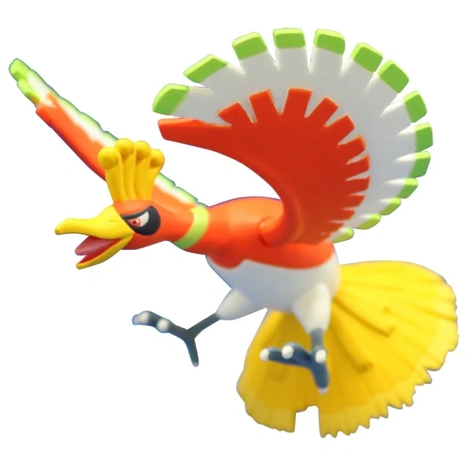 Ho-Oh Pokémon toy with red, yellow, and green plumage, wings spread.