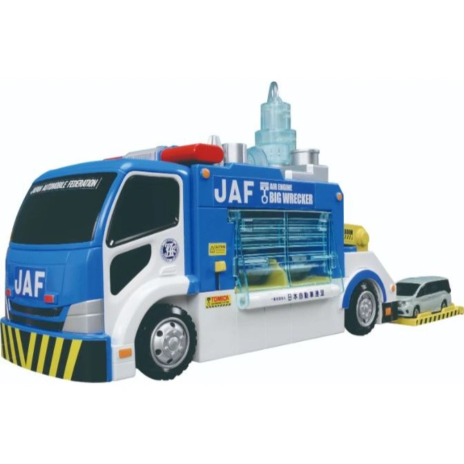  JAF tow truck toy with a car on the ramp, featuring a blue and white color scheme and a clear engine detail.