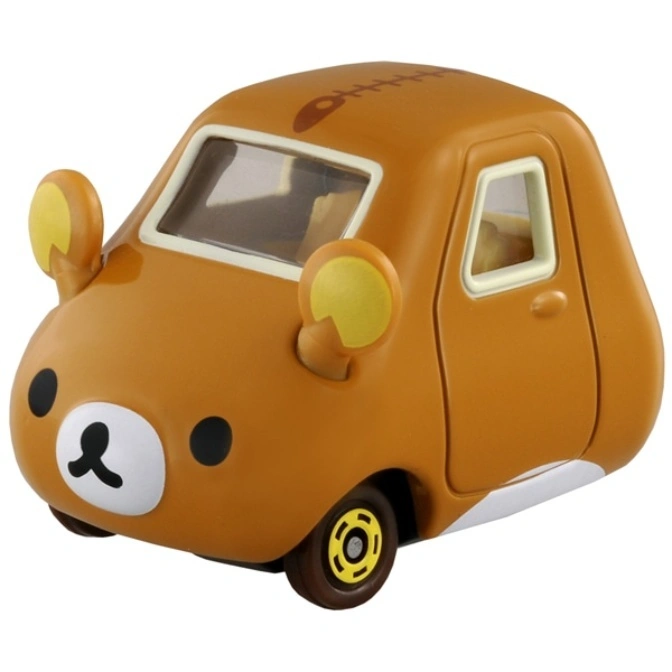 Rilakkuma bear-shaped toy car with round mirrors and fishbone detail on top.