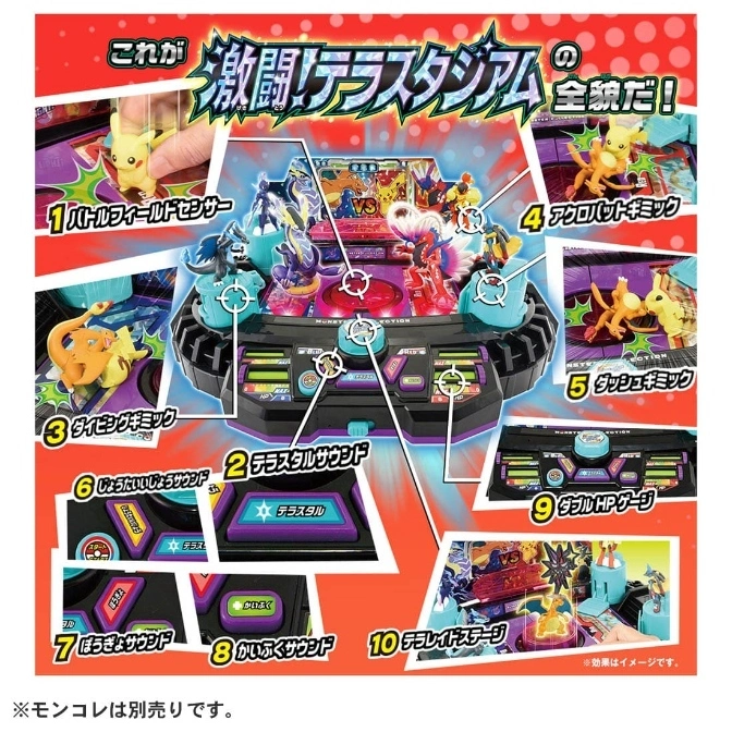  Pokémon battle stadium toy with figures, sound buttons, HP gauges, and action features like diving and acrobatics.