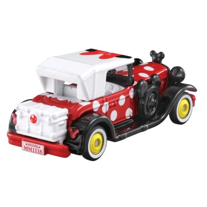  Minnie Mouse toy car with red polka dots, white roof, and black accents.