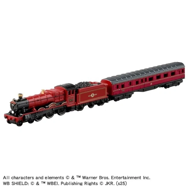 Red Hogwarts Express toy train with coal car and passenger car.