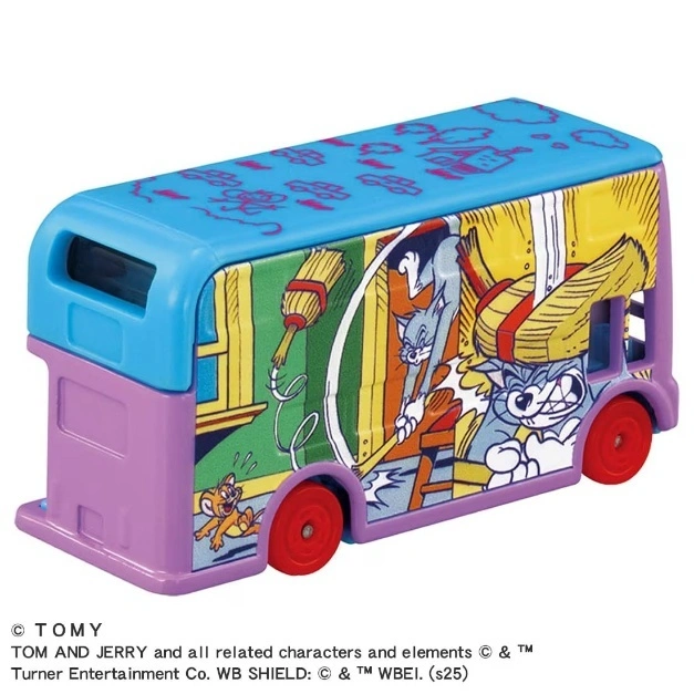  Tom and Jerry double-decker bus toy with cartoon graphics and red wheels.
