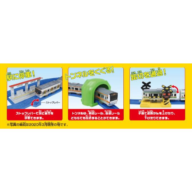  The product image showcases a toy train set with three different scenarios: a train stopping at a station, a train passing through a tunnel, and a train crossing a railroad crossing. The station has a red roof and a blue platform, with a lever to stop the train. The tunnel is green and allows the train to pass through. The railroad crossing has a black and yellow barrier that can be raised and lowered manually. The image also includes Japanese text describing the features of the toy set.