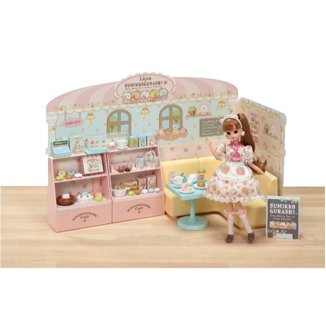 Sumikko Gurashi Licca-chan doll in a cafe playset with furniture and accessories.