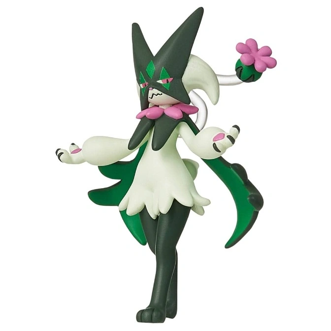 A Tapu Bulu Pokemon toy figure with green and white coloring, standing on a white background.