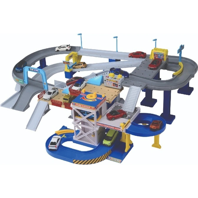  Toy car park with multiple levels, ramps, and toy cars on the tracks and parking spaces.