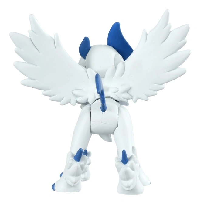  White Absol toy with blue accents, wings spread, rear view.