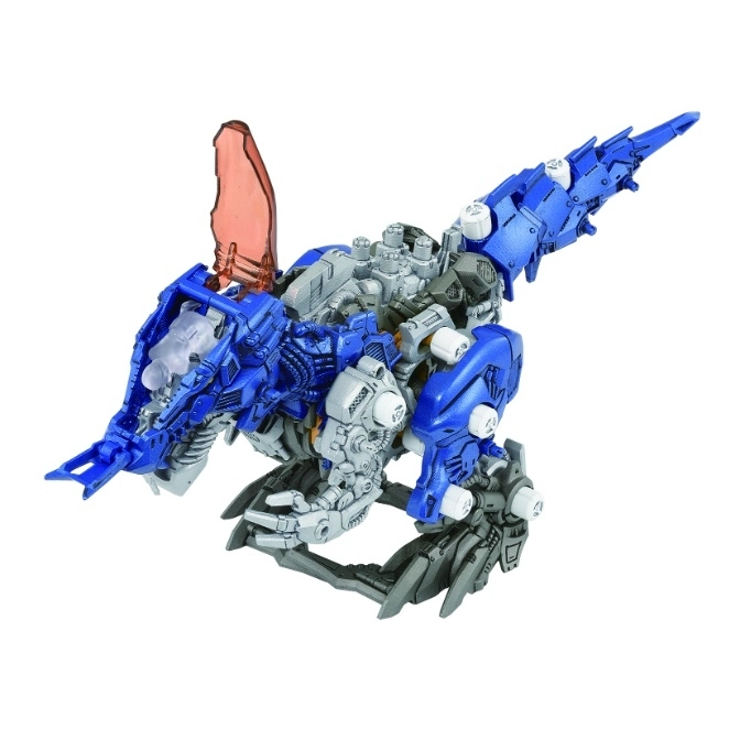  Blue robotic dinosaur toy with translucent orange fin and intricate mechanical details.
