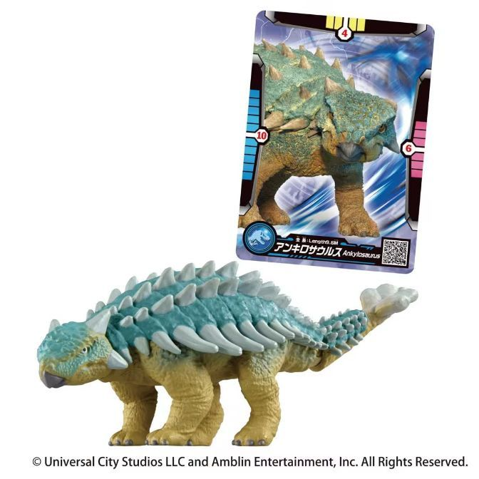 Ankylosaurus toy with card. The toy is yellow and blue with white spikes.